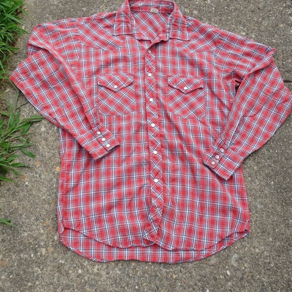Vintage Plaid Pearl Snap Western Shirt Red Black White USA Fabric Mexico Size L